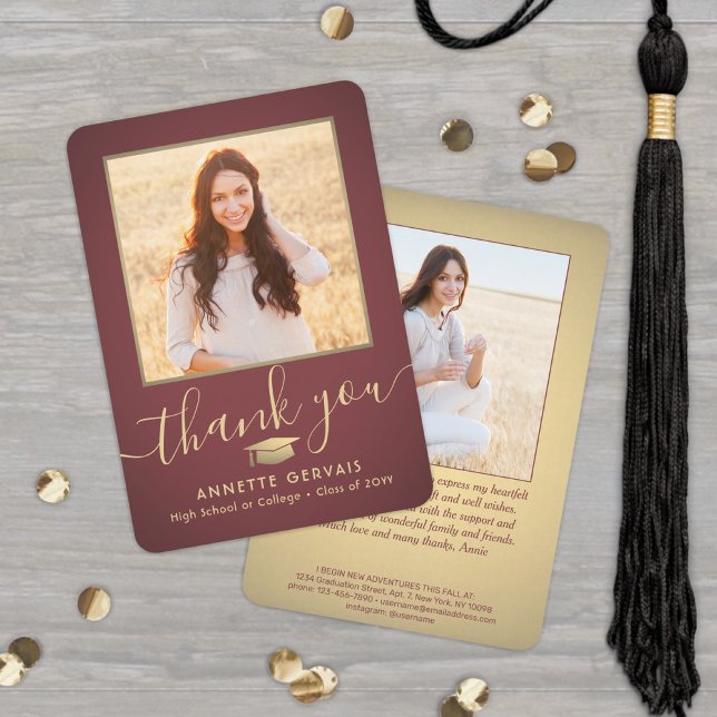 2 Photo New Address Burgundy Red & Gold Graduation Thank You Card (Creator Uploaded)