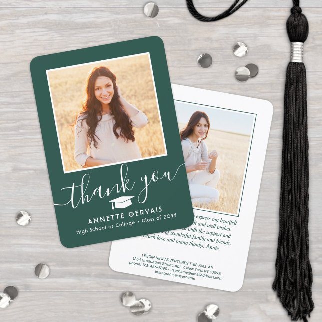 2 Photo New Address Green White Script Graduation Thank You Card (Creator Uploaded)