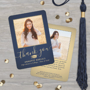 2 Photo New Address Navy Blue and Gold Graduation Thank You Card