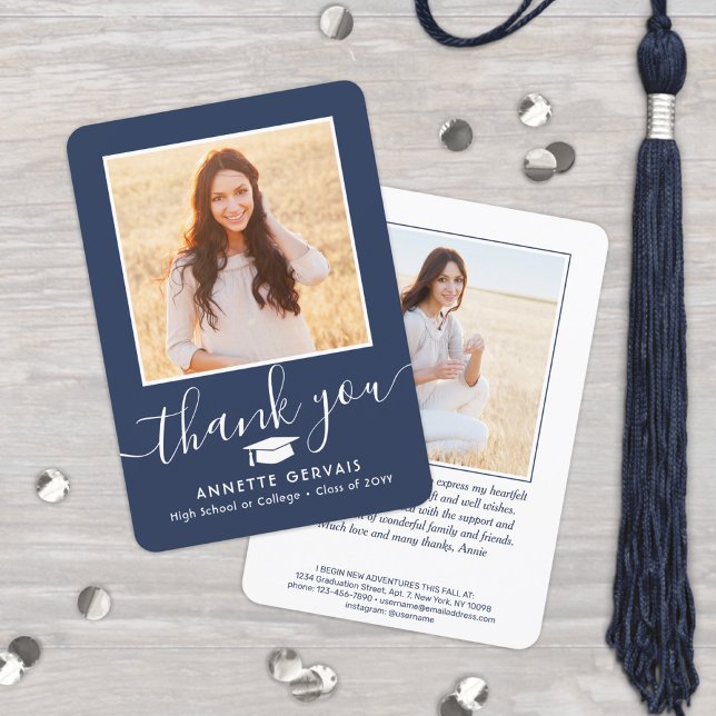 2 Photo New Address Navy Blue and White Graduation Thank You Card (Creator Uploaded)
