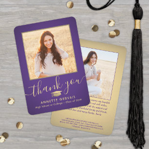 2 Photo New Address Purple Gold Script Graduation Thank You Card