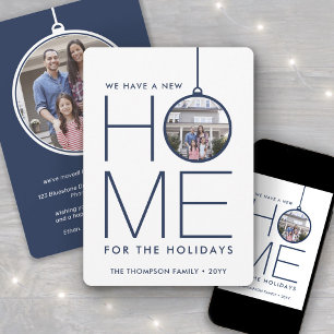 2 Photo New Home Address Modern Navy Blue Moving Holiday Card