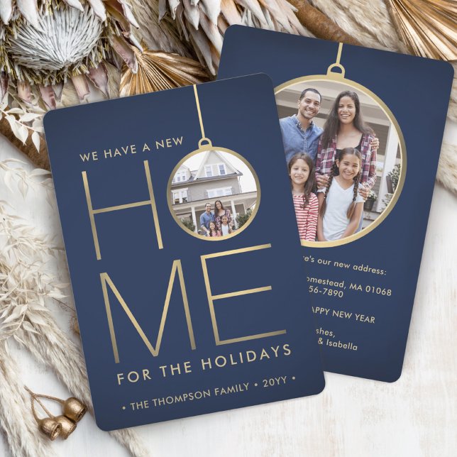2 Photo New Home Address Navy Blue & Gold Moving Holiday Card (Creator Uploaded)