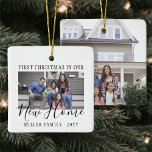 2 Photo New Home First Christmas Black and White Ceramic Ornament<br><div class="desc">Celebrate the joy of your new place with a custom 2 photo "First Christmas in our New Home" black and white square ceramic ornament. Text and pictures on this template are simple to personalize. (IMAGE PLACEMENT TIP: An easy way to center a photo exactly how you want is to crop...</div>