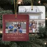 2 Photo New Home First Christmas Burgundy and Gold Ceramic Ornament<br><div class="desc">Celebrate the joy of your new place with a custom 2 photo "First Christmas in our New Home" burgundy and gold square ceramic ornament. Text and pictures on this template are simple to personalize. (IMAGE PLACEMENT TIP: An easy way to center a photo exactly how you want is to crop...</div>