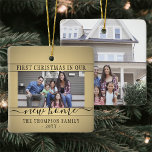 2 Photo New Home First Christmas Faux Gold & Black Ceramic Ornament<br><div class="desc">Celebrate the joy of your new place with a custom 2 photo "First Christmas in our New Home" square black and gold ceramic ornament. Text and pictures on this template are simple to personalise. (IMAGE PLACEMENT TIP: An easy way to centre a photo exactly how you want is to crop...</div>