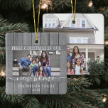 2 Photo New Home First Christmas Faux Gray Wood Ceramic Ornament<br><div class="desc">Celebrate the joy of your new place with a custom 2 photo "First Christmas in our New Home" square faux grey wood ceramic ornament. Text and pictures on this template are simple to personalize. (IMAGE PLACEMENT TIP: An easy way to center a photo exactly how you want is to crop...</div>