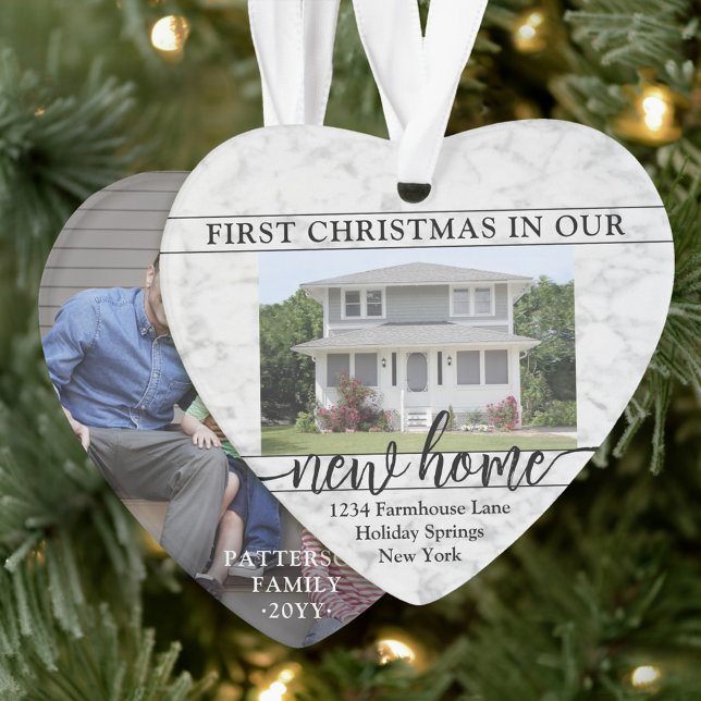 2 Photo New Home First Christmas Faux Marble Heart Ornament (Creator Uploaded)