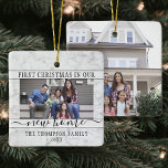 2 Photo New Home First Christmas Faux White Marble Ceramic Ornament<br><div class="desc">Celebrate the joy of your new place with a custom 2 photo "First Christmas in our New Home" square faux marble ceramic ornament. Text and pictures on this template are simple to personalize. (IMAGE PLACEMENT TIP: An easy way to center a photo exactly how you want is to crop it...</div>