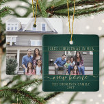 2 Photo New Home First Christmas Green and Gold Ceramic Ornament<br><div class="desc">Celebrate the joy of your new place with a custom 2 photo "First Christmas in our New Home" green and gold square ceramic ornament. Text and pictures on this template are simple to personalize. (IMAGE PLACEMENT TIP: An easy way to center a photo exactly how you want is to crop...</div>