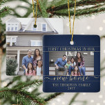 2 Photo New Home First Christmas Navy Blue & Gold Ceramic Ornament<br><div class="desc">Celebrate the joy of your new place with a custom 2 photo "First Christmas in our New Home" navy blue and gold square ceramic ornament. Text and pictures on this template are simple to personalise. (IMAGE PLACEMENT TIP: An easy way to centre a photo exactly how you want is to...</div>
