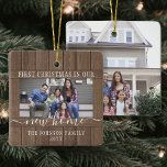 2 Photo New Home First Christmas Rustic Faux Wood Ceramic Ornament<br><div class="desc">Celebrate the joy of your new place with a custom 2 photo "First Christmas in our New Home" square faux wood ceramic ornament. Text and pictures on this template are simple to personalize. (IMAGE PLACEMENT TIP: An easy way to center a photo exactly how you want is to crop it...</div>