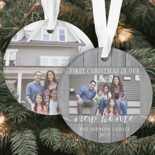 2 Photo New Home First Xmas Grey Faux Wood Round Ornament