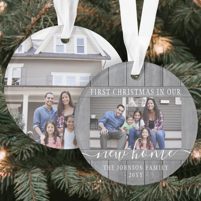 2 Photo New Home First Xmas Grey Faux Wood Round Ornament (Creator Uploaded)
