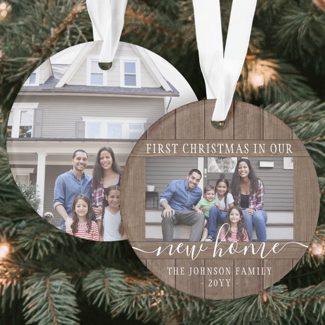 2 Photo New Home First Xmas Rustic Faux Wood Round Ornament (Creator Uploaded)