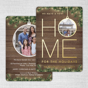 2 Photo New Home Rustic Wood, Pine & String Lights Foil Holiday Card