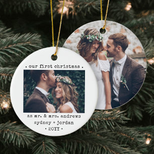 2 Photo Newlyweds 1st Christmas Modern Minimalist Ceramic Tree Decoration