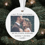 2 Photo Newlyweds 1st Christmas Modern Minimalist Ornament<br><div class="desc">Celebrate a joyful 1st holiday as a married couple with a custom 2 photo "Our First Christmas as Mr. & Mrs." round acrylic ornament. All text and images on this template are simple to personalise. Design features 2 images of your choice, a modern minimalist black and white border, and simple...</div>