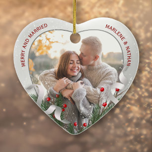 2 Photo Newlyweds 1st Christmas Silver Frame Ceramic Tree Decoration