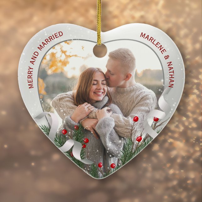 2 Photo Newlyweds 1st Christmas Silver Frame Ceramic Tree Decoration (Creator Uploaded)