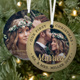 2 Photo Newlyweds 1st Xmas Married Black and Gold Metal Tree Decoration