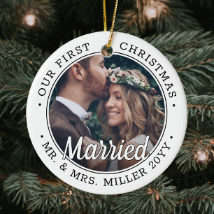 2 Photo Newlyweds 1st Xmas Married Black and White Ceramic Tree Decoration