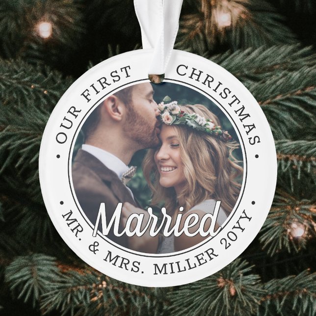 2 Photo Newlyweds 1st Xmas Married Black and White Ornament (Creator Uploaded)