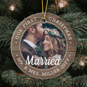 2 Photo Newlyweds 1st Xmas Married Faux Barn Wood Ceramic Tree Decoration
