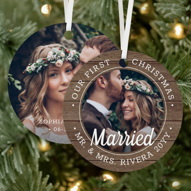 2 Photo Newlyweds 1st Xmas Married Faux Barn Wood Metal Tree Decoration (Creator Uploaded)