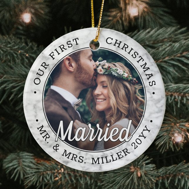 2 Photo Newlyweds 1st Xmas Married Faux Marble Ceramic Tree Decoration (Creator Uploaded)