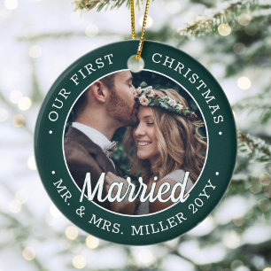 2 Photo Newlyweds 1st Xmas Married Green and White Ceramic Tree Decoration