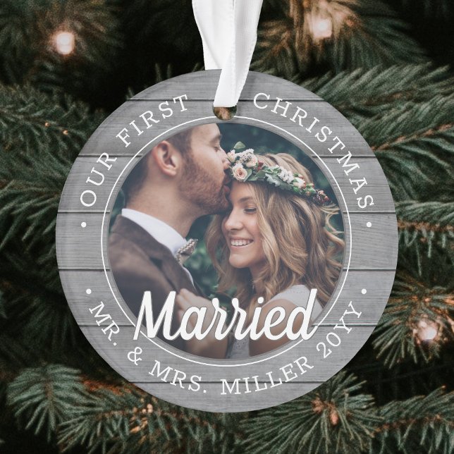 2 Photo Newlyweds 1st Xmas Married Grey Faux Wood Ornament (Creator Uploaded)