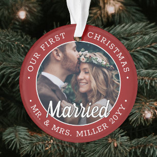2 Photo Newlyweds 1st Xmas Married Red and White Ornament