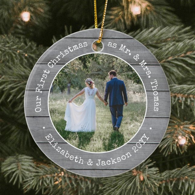 2 Photo Newlyweds First Christmas Faux Grey Wood Ceramic Tree Decoration (Creator Uploaded)