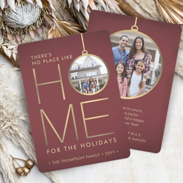 2 Photo No Place Like Home Modern Burgundy & Gold Holiday Card (Creator Uploaded)