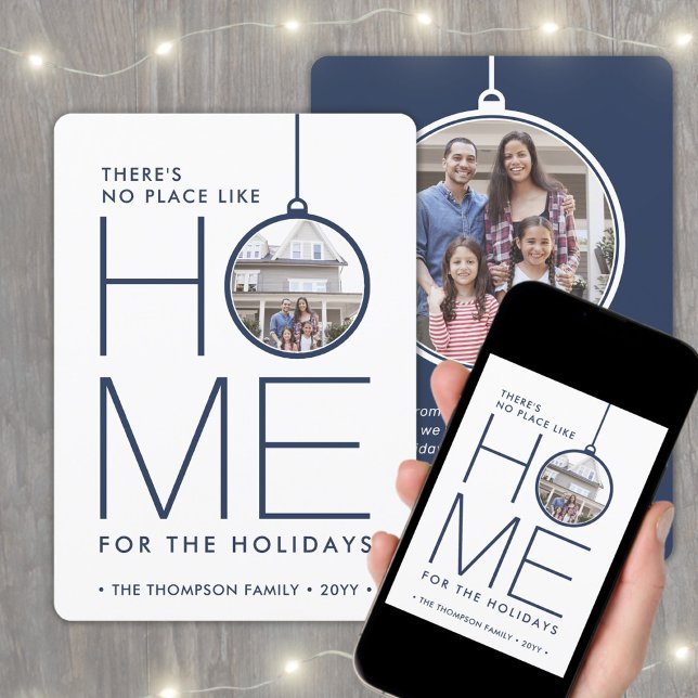 2 Photo No Place Like Home Simple Modern Navy Blue Holiday Card (Creator Uploaded)