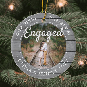 2 Photo Our 1st Christmas Engaged Faux Gray Wood Ceramic Tree Decoration