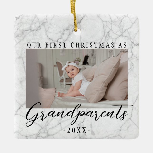 2 Photo Our First Christmas As Grandparents Cute Ceramic Ornament (Front)