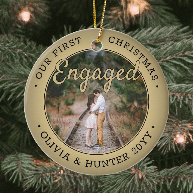 2 Photo Our First Christmas Engaged Black and Gold Ceramic Tree Decoration (Creator Uploaded)