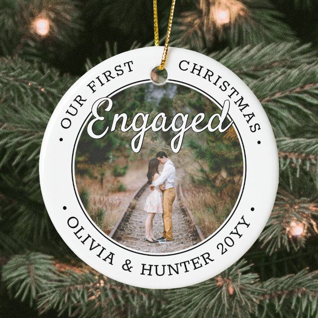 2 Photo Our First Christmas Engaged Black & White Ceramic Tree Decoration (Creator Uploaded)