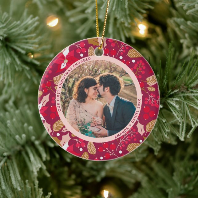 2 Photo Our First Christmas Engaged Dark Pink Red Ceramic Tree Decoration (Tree)