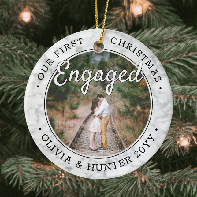 2 Photo Our First Christmas Engaged Faux Marble Ceramic Tree Decoration (Creator Uploaded)