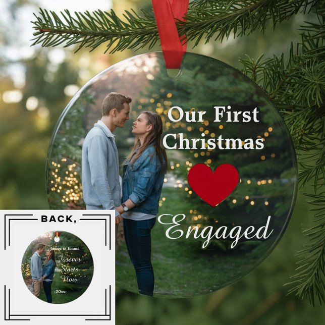 2 Photo Our First Christmas Engaged heart /custom Ceramic Tree Decoration (Creator Uploaded)