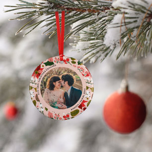2 Photo Our First Christmas Engaged Pink Floral Ceramic Tree Decoration