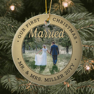 2 Photo Our First Christmas Married Black and Gold Ceramic Tree Decoration