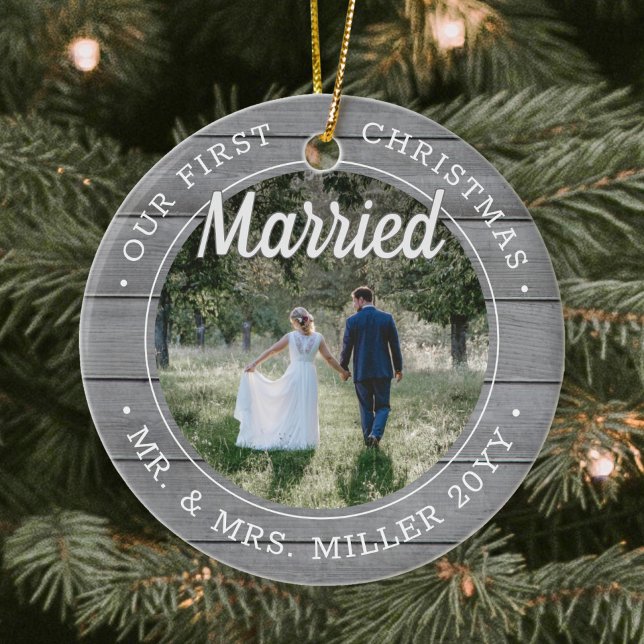 2 Photo Our First Christmas Married Faux Grey Wood Ceramic Tree Decoration (Creator Uploaded)