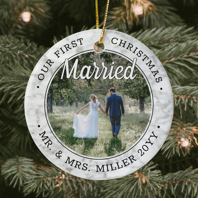 2 Photo Our First Christmas Married Faux Marble Ceramic Tree Decoration (Creator Uploaded)