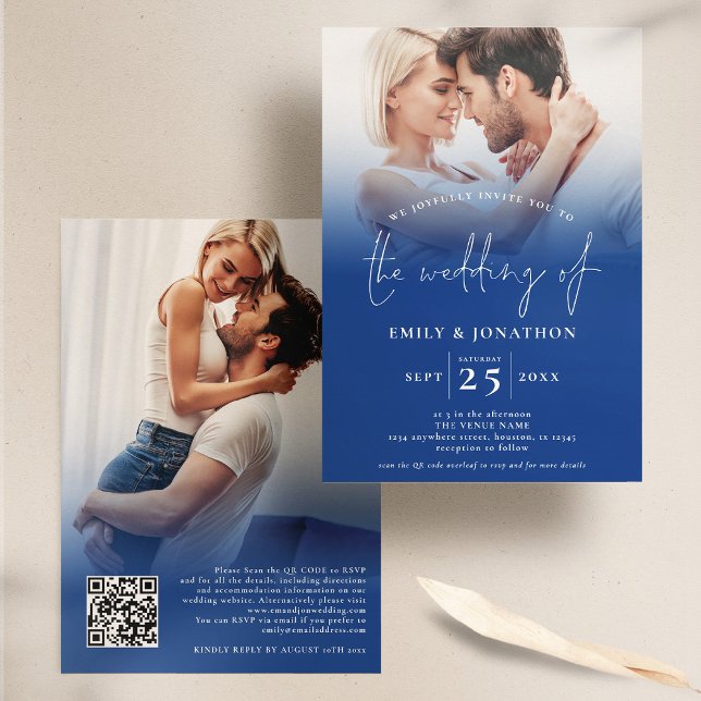  2 Photo Overlay Script QR Blue Wedding  Invitation (Front and back view. Available digitally and printed.)