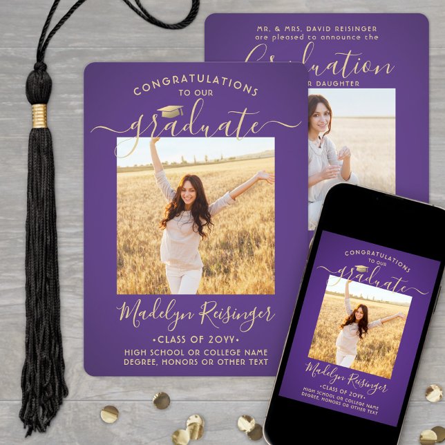 2 Photo Parents Congrats Purple & Gold Graduation Announcement (Creator Uploaded)