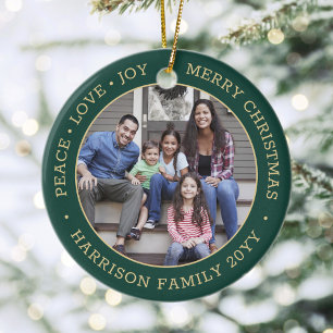2 Photo Peace Love Joy Merry Christmas Green Gold Ceramic Tree Decoration